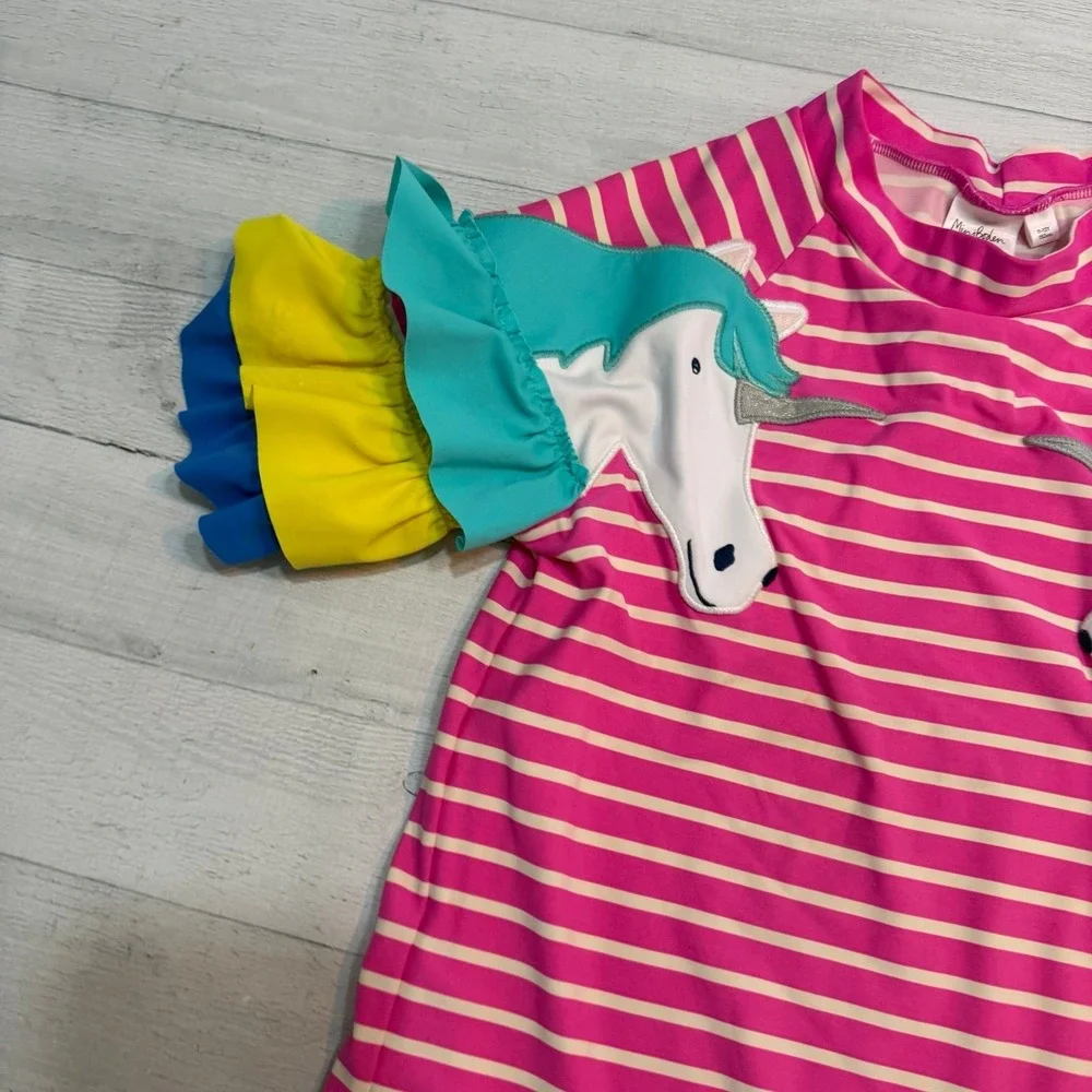 Mini Boden girls pink striped unicorn‎ short sleeve rashguard 11/12